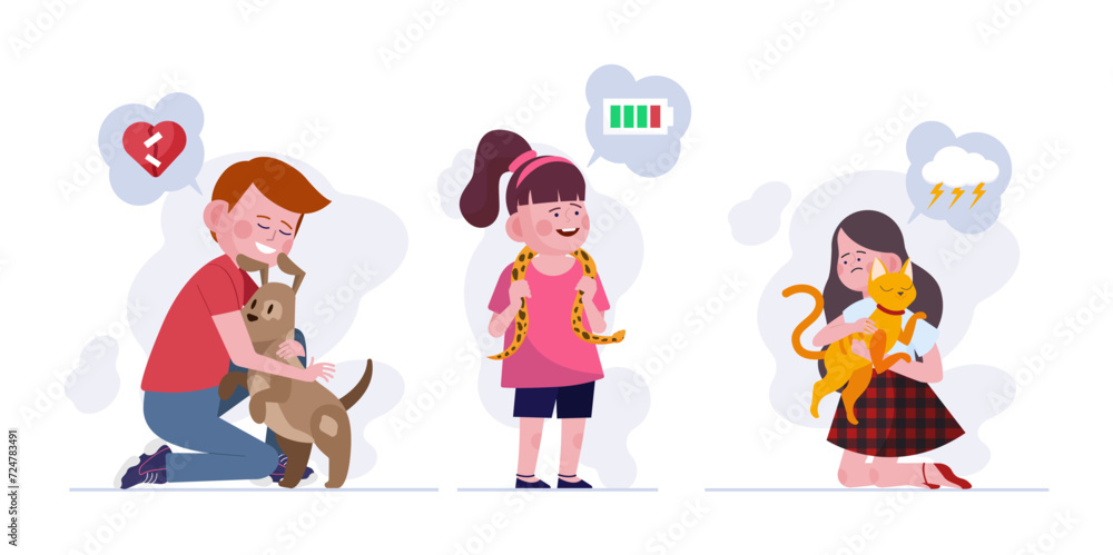 Children with different emotions playing with animals vector illustration. Boy with dog, girl with  snake and girl with cat. Animal-assisted therapy, therapeutic effects of animals concept