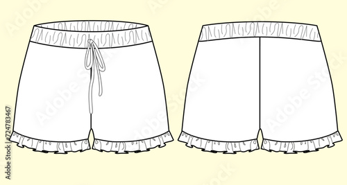 Shorts with Frill Joining at Hem and Tie on Waistband - Black and White Outline Fashion Flat Sketch with Front and Back View.