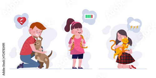 Children with different emotions playing with animals vector illustration. Boy with dog, girl with  snake and girl with cat. Animal-assisted therapy, therapeutic effects of animals concept