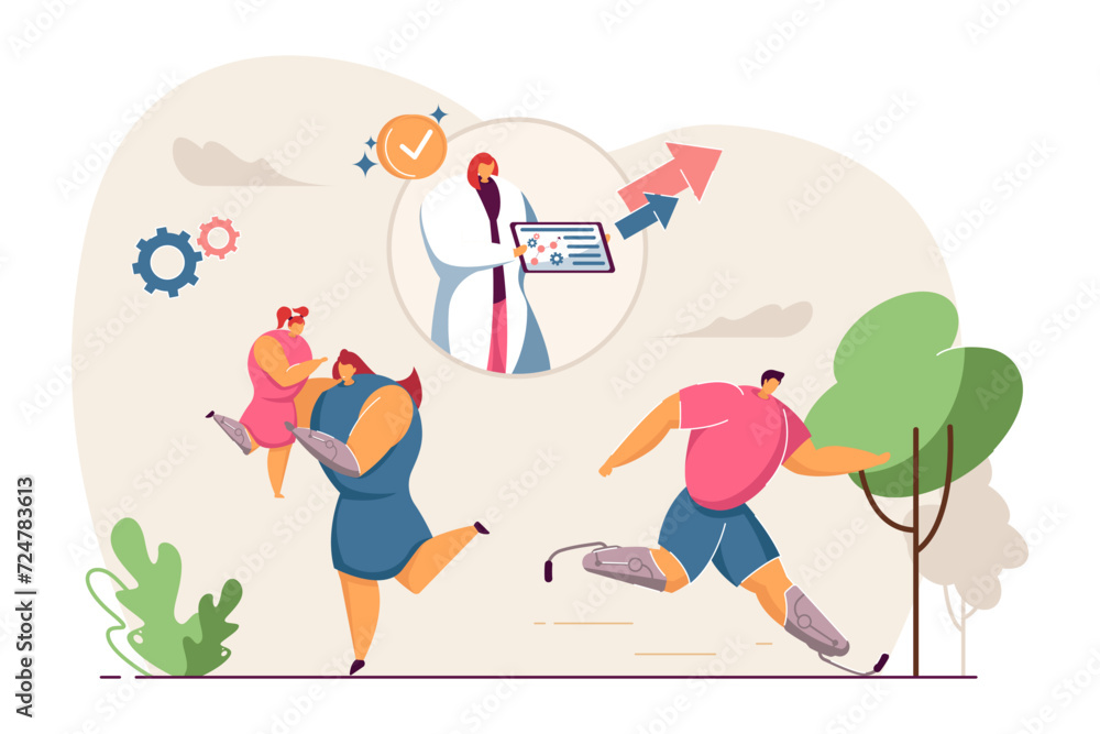 People with disability spending time in park vector illustration. Doctor with tablet analyzing patients medical records. Popularization of bionic prosthetic arms and legs concept