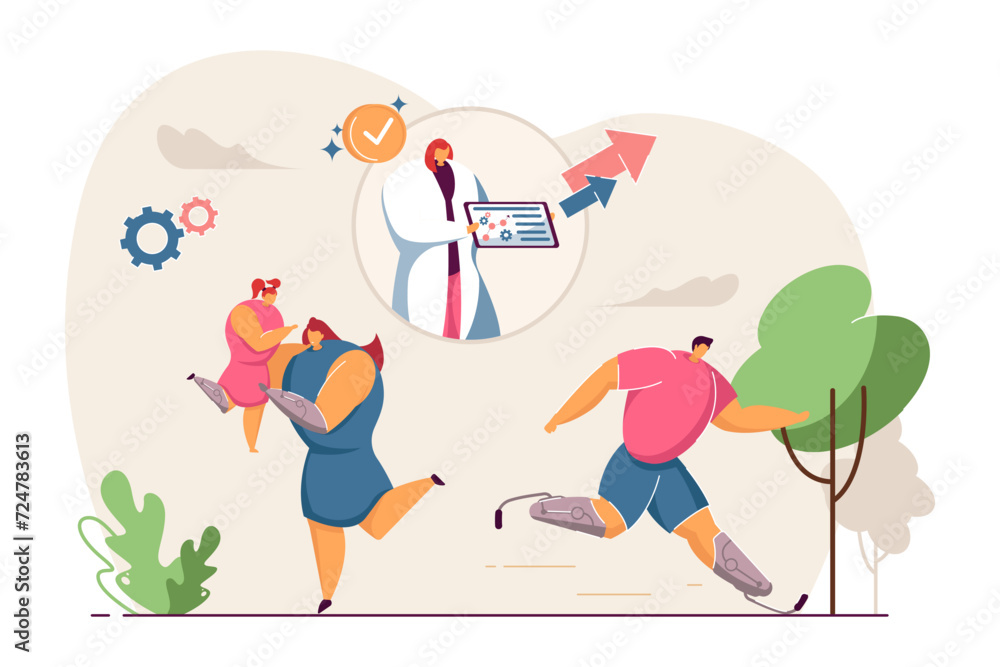 People with disability spending time in park vector illustration. Doctor with tablet analyzing patients medical records. Popularization of bionic prosthetic arms and legs concept People with disability spending time in park vector illustration. Doctor with tablet analyzing patients medical records. Popularization of bionic prosthetic arms and legs concept