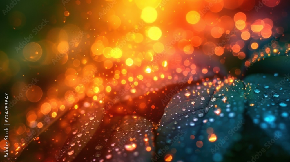 a blurry photo of raindrops on a green and yellow umbrella with a blurry background of red, orange, yellow, blue, and green leaves. a blurry photo of raindrops on a green and yellow umbrella with a blurry background of red, orange, yellow, blue, and green leaves.