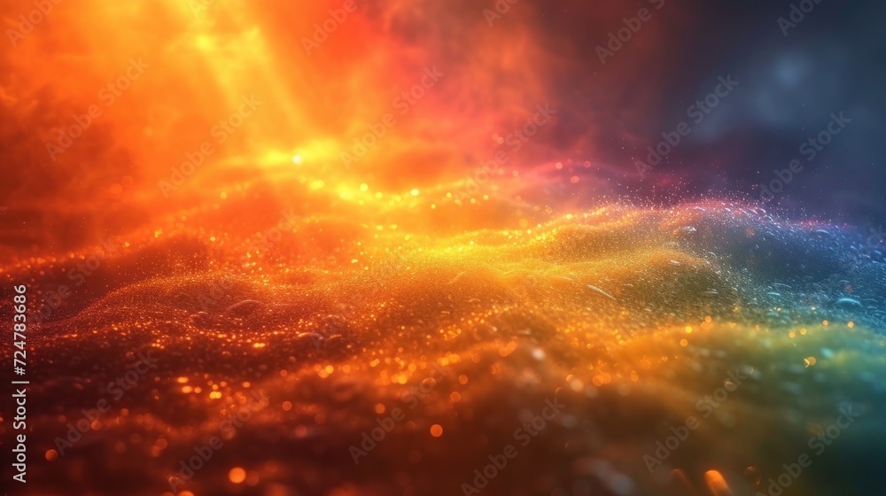  a multicolored image of the sun shining through a cloud of smoke and dust, with a rainbow - hued area in the middle of the middle of the image.
