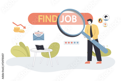 Unemployed man with huge magnifying glass looking for job vector illustration. Table with laptop and email with rejection for hiring. Find job inscription on background. Increased unemployment