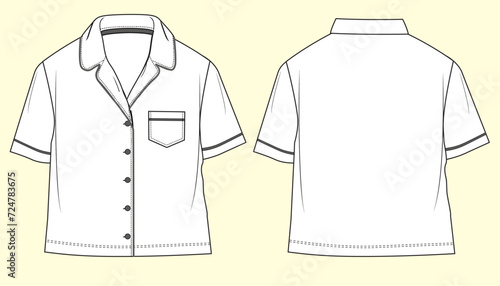Kids Nightwear Satin Short Sleeve Shirt with Chest Pocket - Black and White Outline Fashion Flat Sketch with Front and Back View.