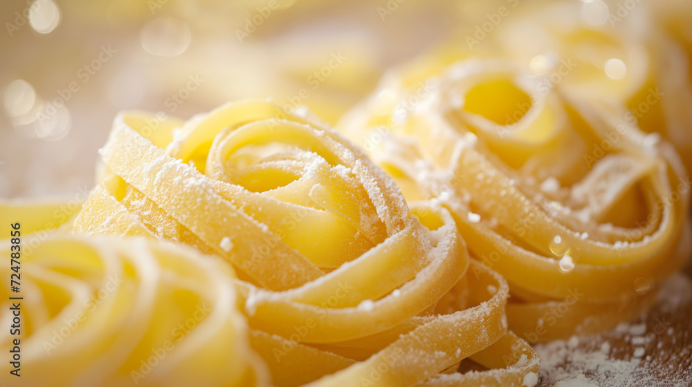Fresh uncooked fettuccine pasta background. AI generated image.