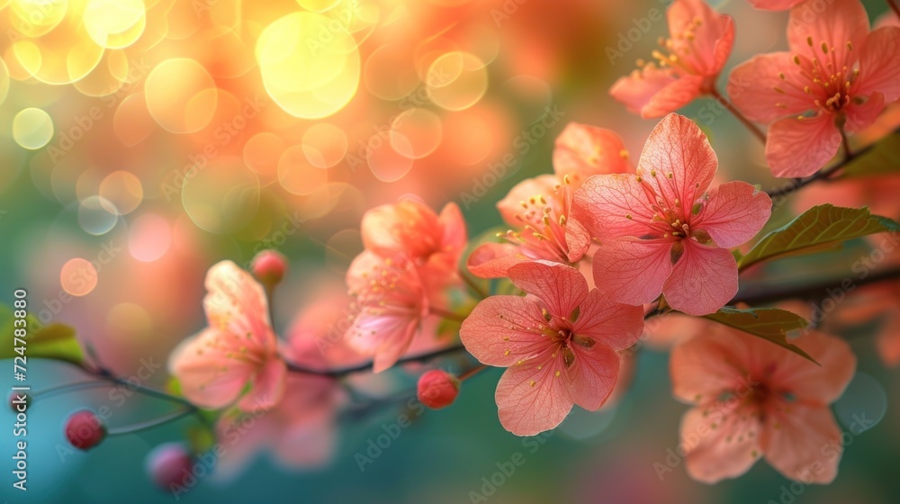pink flowers are blooming on a branch in front of a blurry image of a boke of yellow and pink flowers on a branch with green leaves in the foreground. pink flowers are blooming on a branch in front of a blurry image of a boke of yellow and pink flowers on a branch with green leaves in the foreground.