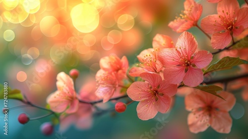  pink flowers are blooming on a branch in front of a blurry image of a boke of yellow and pink flowers on a branch with green leaves in the foreground.
