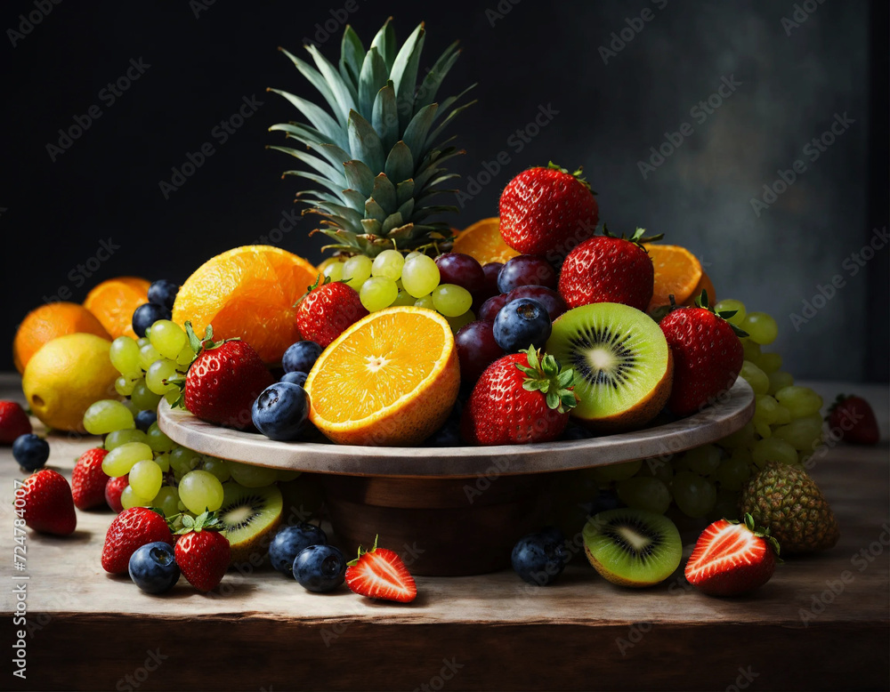 a fruit pile of kiwi, grapes, strawberries, oranges and other fruits, a fruit pile of kiwi, grapes, strawberries, oranges and other fruits,
