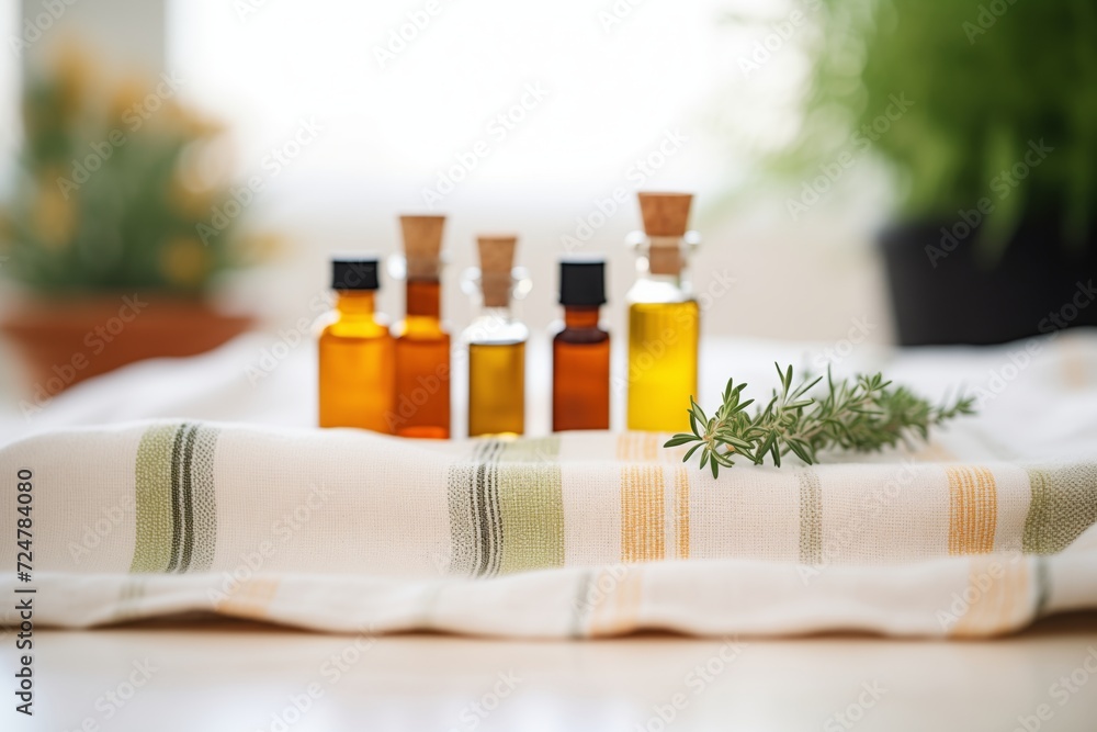 essential oils with herbs in the background on a linen cloth