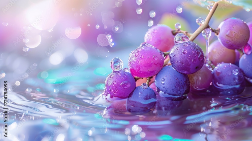 a bunch of grapes floating on top of a body of water with drops of water on the top of the grapes and on the bottom of the water is a branch. a bunch of grapes floating on top of a body of water with drops of water on the top of the grapes and on the bottom of the water is a branch.