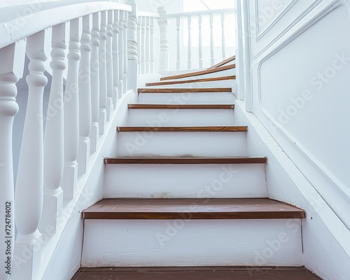 Interior stairs in white colors and with a wood on them.