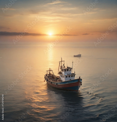 Fishing boat on the sea at sunset. Beautiful seascape