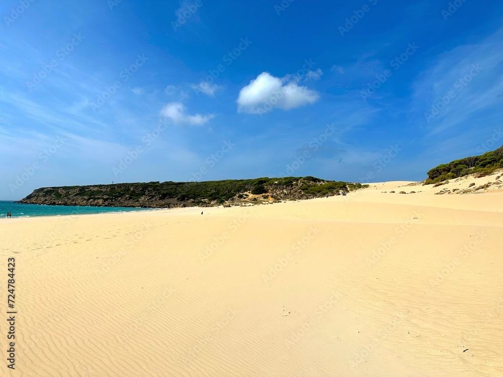  view of the beautiful beach Playa de Bolonia at the Costa de la Luz, Andalusia, Cadiz, Spain