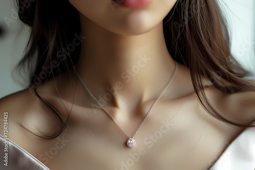 woman wearing Rose Quartz and silver chain necklace 