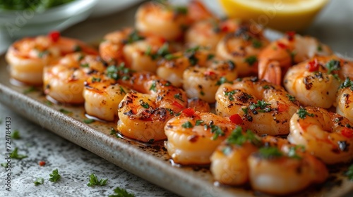  a close up of a plate of food with shrimp and garnishes on a table with lemon wedges and a bowl of parsley in the background.