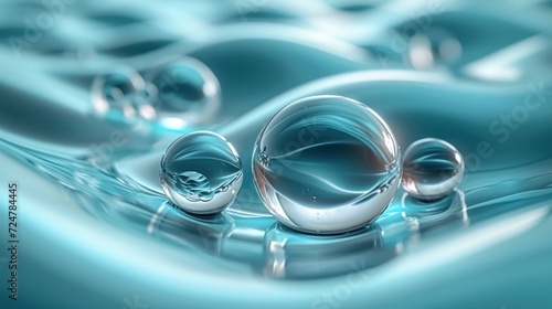  a group of water droplets floating on top of a blue liquid filled with bubbles of different shapes and sizes in a pool of water with ripples on the surface.