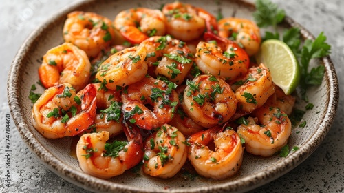  a close up of a plate of food with shrimp and garnished with parsley and a slice of lime wedged in the middle of garnish.