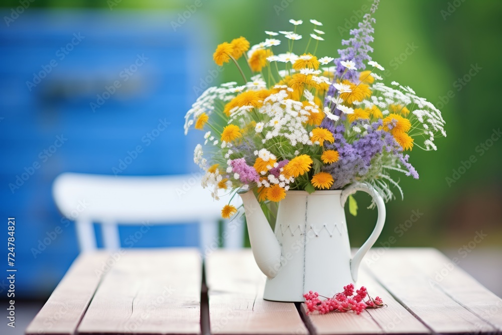 a rustic milk jug filled with wildflowers on a picnic table