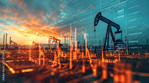 Oil platform on economic data background, Rise in gasoline prices concept with double exposure of digital screen, World Oil Industry. Generative AI.