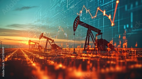 Oil platform on economic data background, Rise in gasoline prices concept with double exposure of digital screen, World Oil Industry. Generative AI. photo