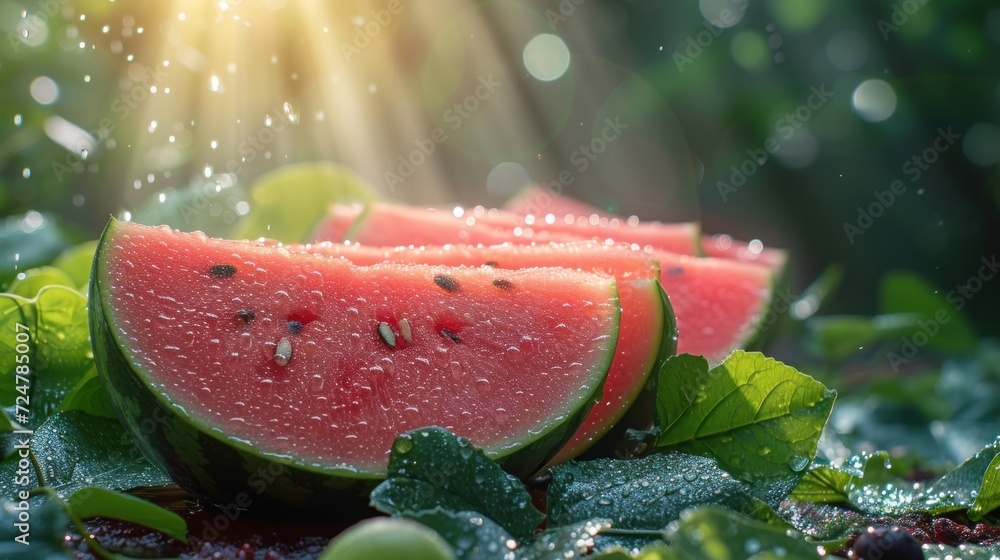 a group of slices of watermelon sitting on top of a green leaf covered ground with drops of water on the top of the slices of the watermelon. a group of slices of watermelon sitting on top of a green leaf covered ground with drops of water on the top of the slices of the watermelon.