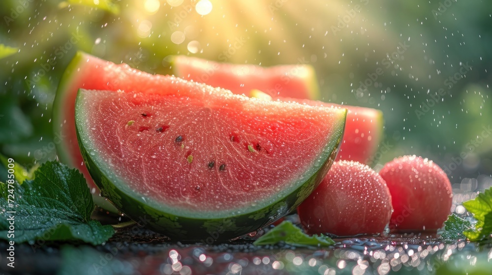 a slice of watermelon sitting on top of a table next to other pieces of watermelon with leaves and drops of water on top of the table. a slice of watermelon sitting on top of a table next to other pieces of watermelon with leaves and drops of water on top of the table.