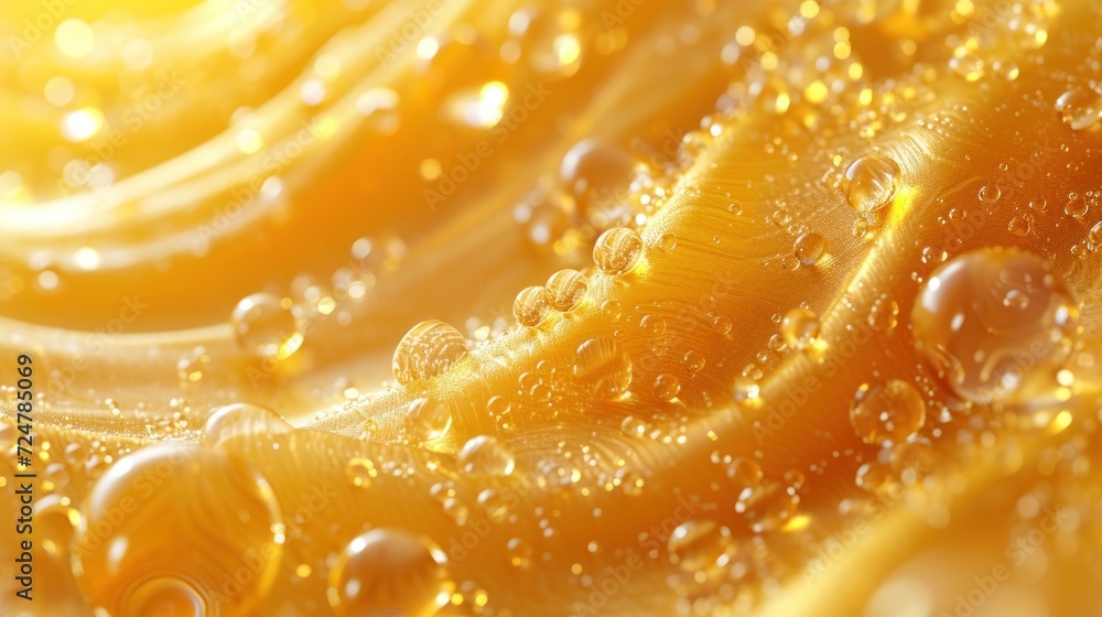 a close up view of water droplets on a yellow surface with sunlight shining through the drops of the water on the right side of the image, and on the left side of the image is a. a close up view of water droplets on a yellow surface with sunlight shining through the drops of the water on the right side of the image, and on the left side of the image is a.