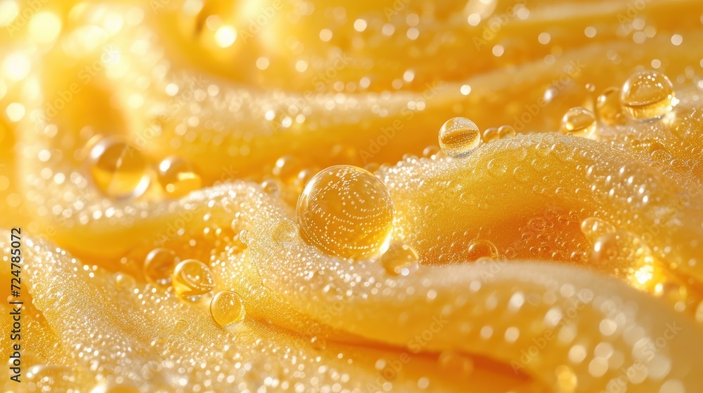 a close up view of water droplets on a yellow cloth with a soft focus to the center of the image and the water droplets on the top of the fabric. a close up view of water droplets on a yellow cloth with a soft focus to the center of the image and the water droplets on the top of the fabric.