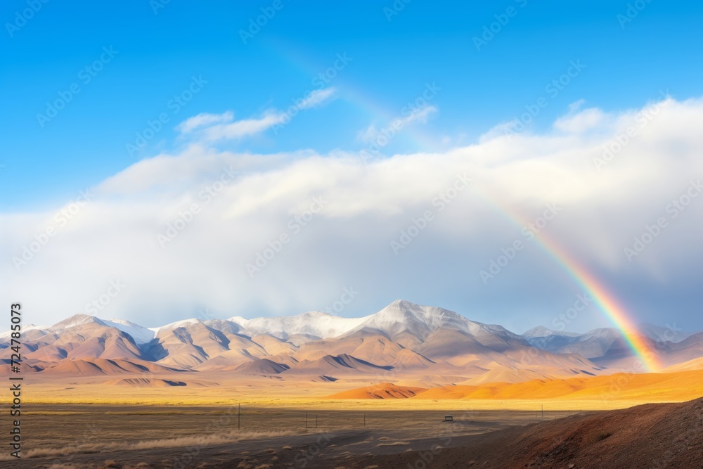 rainbow materializing over a distant mountain range