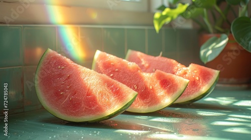  a group of slices of watermelon sitting on top of a counter next to a potted plant and a potted plant with a rainbow in the background.