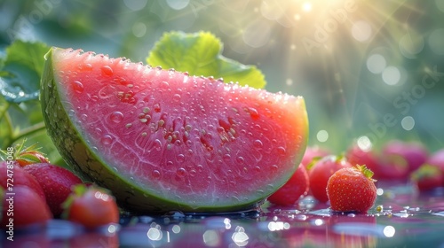  a slice of watermelon sitting on top of a table next to a pile of strawberries and strawberries on top of a table with drops of water.