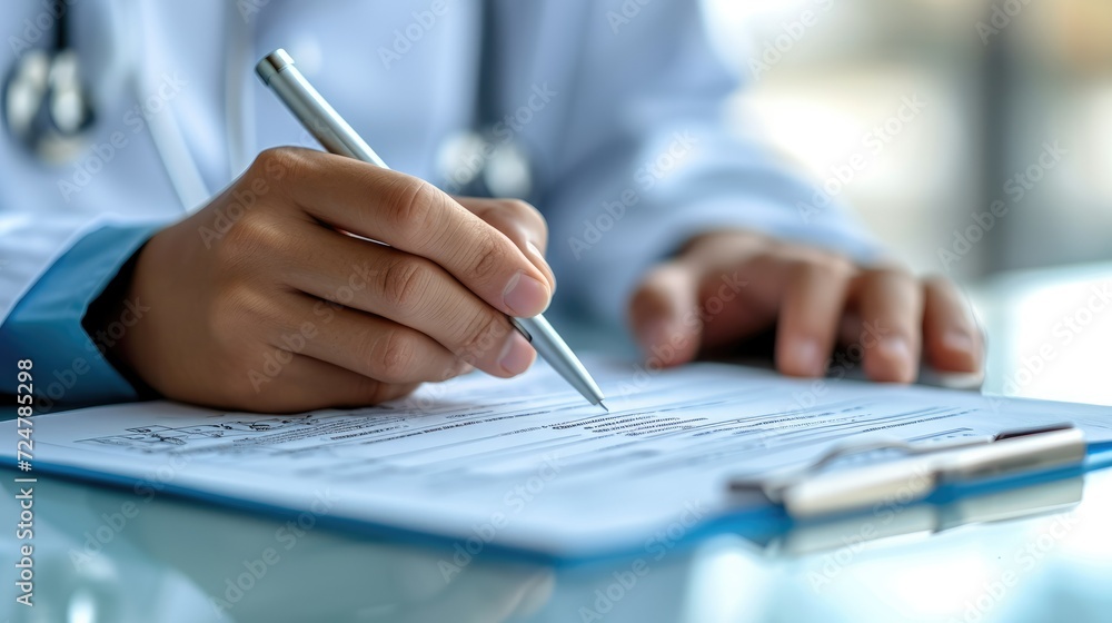 Doctor writing survey test result and research in a hospital, Document and script for patient records. Generative AI. Doctor writing survey test result and research in a hospital, Document and script for patient records. Generative AI.
