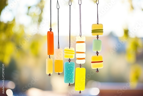fused glass wind chimes in various colors, outdoors in sunlight