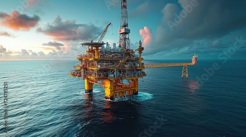 Offshore oil and gas rig platform with beautiful sky, Petroleum industry. Generative AI.