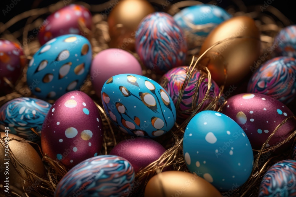 Fototapeta premium A basket filled with lots of colorful Easter eggs. Perfect for Easter decorations or festive celebrations