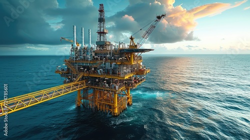 Fototapeta Naklejka Na Ścianę i Meble -  Offshore oil and gas rig platform with beautiful sky, Petroleum industry. Generative AI.