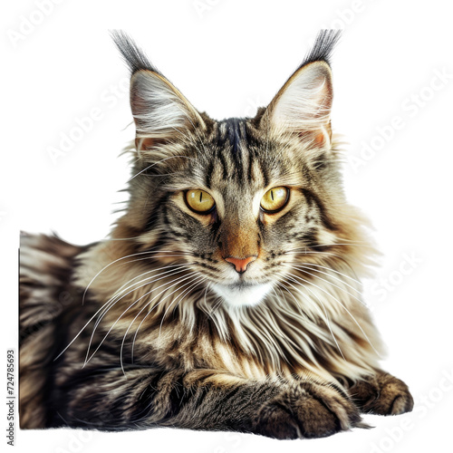 Portrait of a Maine Coon cat on a transparent background.