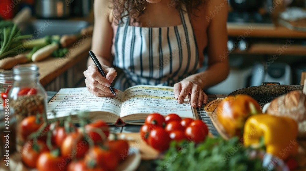 Woman making shopping list for groceries on a notebook to plan a meal for, Budget planning, Making shopping list and managing household expenses to save money. Generative AI.