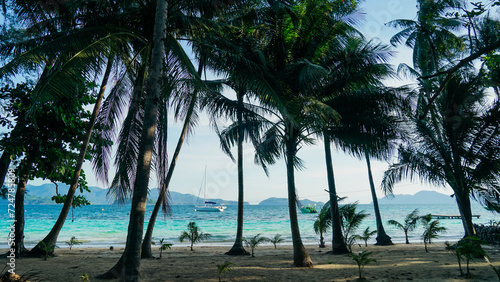 Tropical white sand beach with coco palms and the turquoise sea at Koh Wai Island  Thailand.