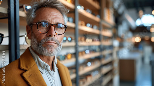 A middle aged man buying glasses for better vision in eyeglasses store. Generative AI.