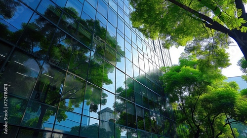 .A sustainable glass office building in the modern city  featuring eco-friendly design with integrated trees to reduce carbon dioxide.