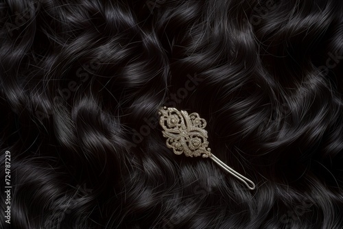 macro shot of an antique silver hairpin in dark curly hair photo