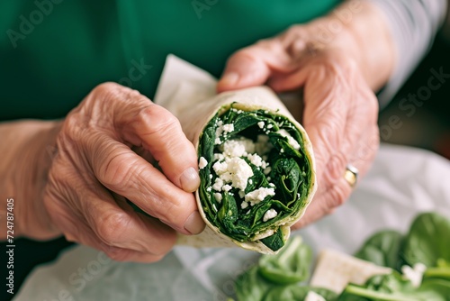 grandmother enjoying a spinach and feta cheese wrap
