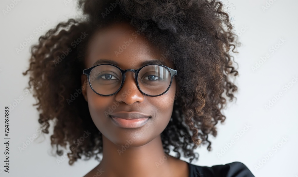 Head shot happy portrait african girl in glasses young woman - millennial curly woman portrait Head shot happy portrait african girl in glasses young woman - millennial curly woman portrait