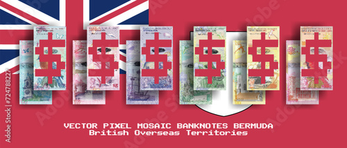 Vector set of pixel mosaic banknotes of Bermuda. Collection of notes in denominations of 2, 5, 10, 20, 50 and 100 dollars. Obverse and reverse. Play money or flyers.