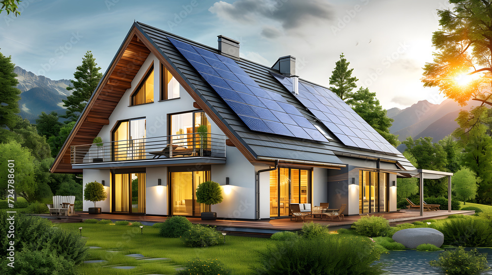 Solar photovoltaic panels in modern house roof. Solar photovoltaic panels in modern house roof.