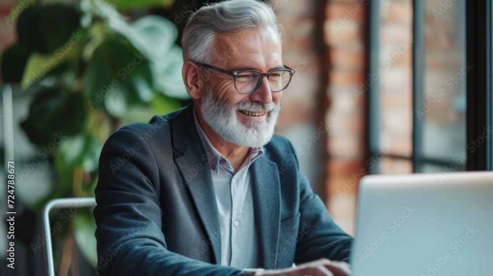 Happy mature business man executive manager looking at laptop computer watching online webinar or having remote virtual meeting, video conference call negotiation Happy mature business man executive manager looking at laptop computer watching online webinar or having remote virtual meeting, video conference call negotiation