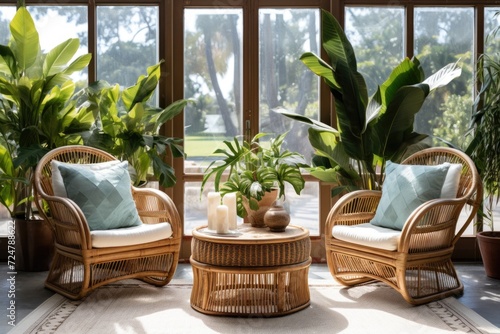 Two wicker chairs and a coffee table placed in front of a window. Ideal for home decor and indoor relaxation © Fotograf