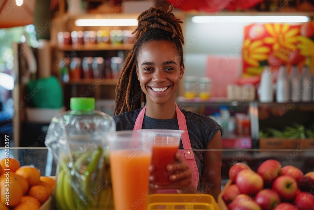 African american saleswoman at a juicebar serving juice in a plastic cup looking very happy and smiling African american saleswoman at a juicebar serving juice in a plastic cup looking very happy and smiling
